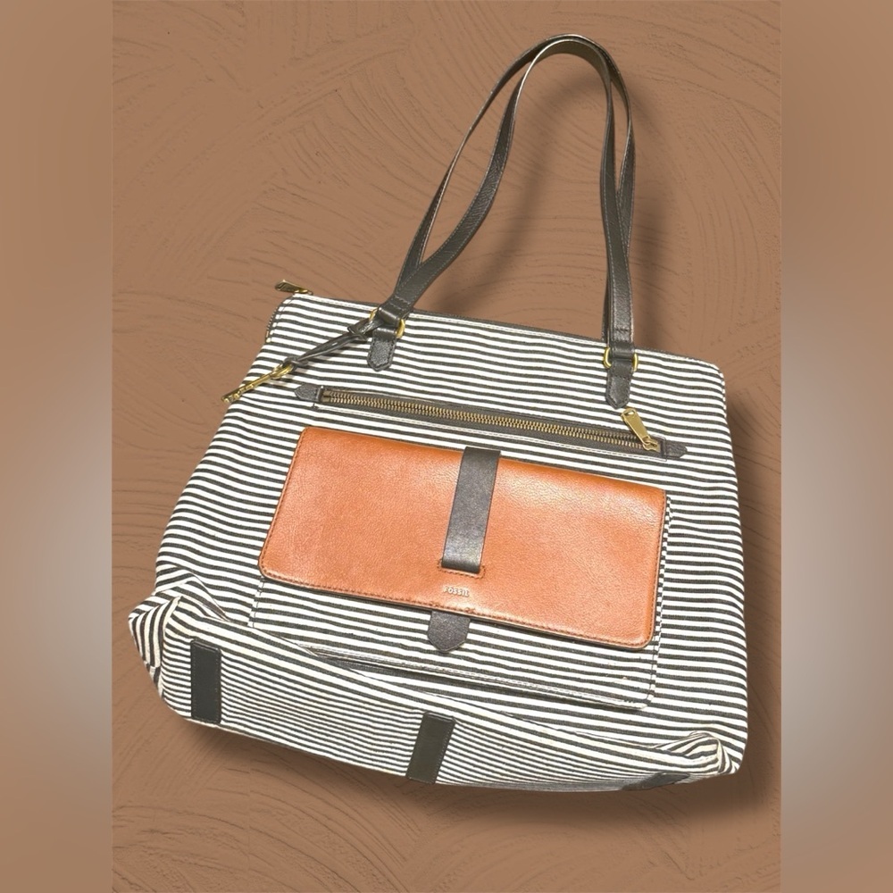 Fossil Striped Tote Bag with Tan Accents